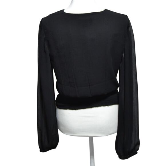 Express NWT Balloon Sheer Sleeve Wrap Tie Waist Top Black Size Small - Picture 2 of 11